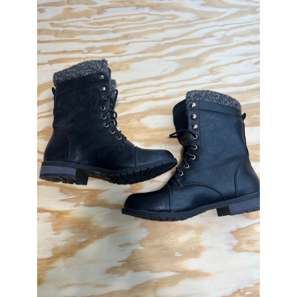 Forever Black Combat Boots with Knit Cuff Cap Toe Lace Up Side Zip Womens 10